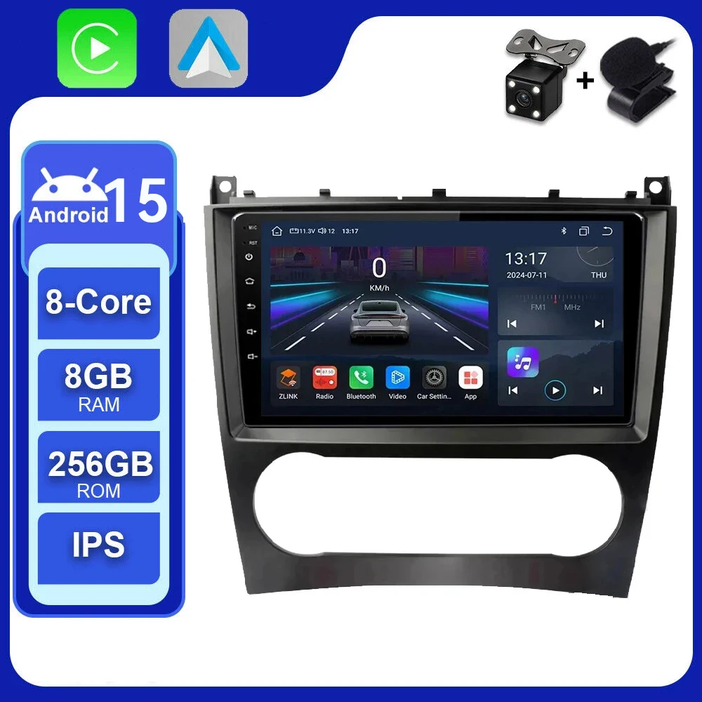 Фото Автомагнитола Android 15 для Mercedes-Benz C-класса W203 (2005-2009), 9-дюймовый мультимедийный видеоплеер с GPS-навигацией, аудиосистемой и поддержкой CarPlay №1