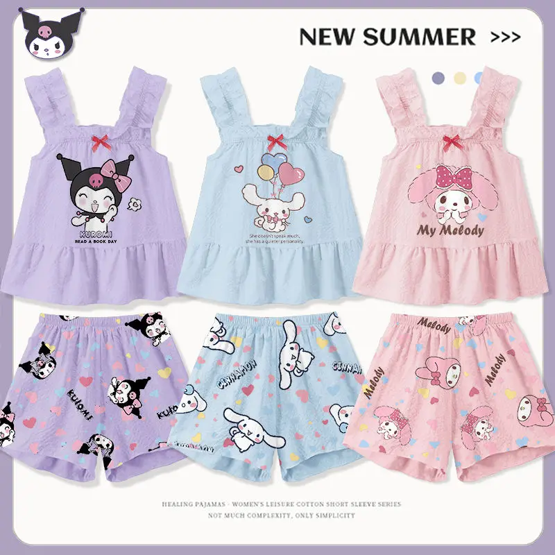 

Kawaii Sanrio аниме хобби My Melody Kuromi Cinnamoroll летняя мультяшная тонкая ночная рубашка для девочек ледяная шелковая кофта домашний комплект одежды