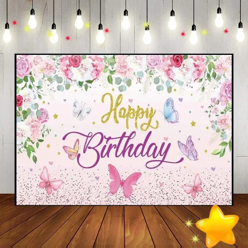 

Butterfly Flower Crown Fairy Princess Background Birthday Decoration Pink Flowers Custom Backdrop Sweet Baby Shower Party Photo