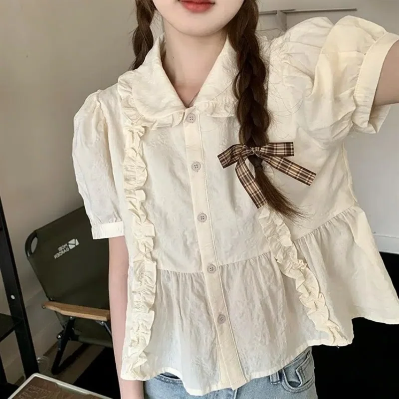 

Peter Pan Collar White Chemise Femme Women Sweet Camisa Loose Summer Puff Sleeve Lolita Shirts Short Tops Japan Style Y2k