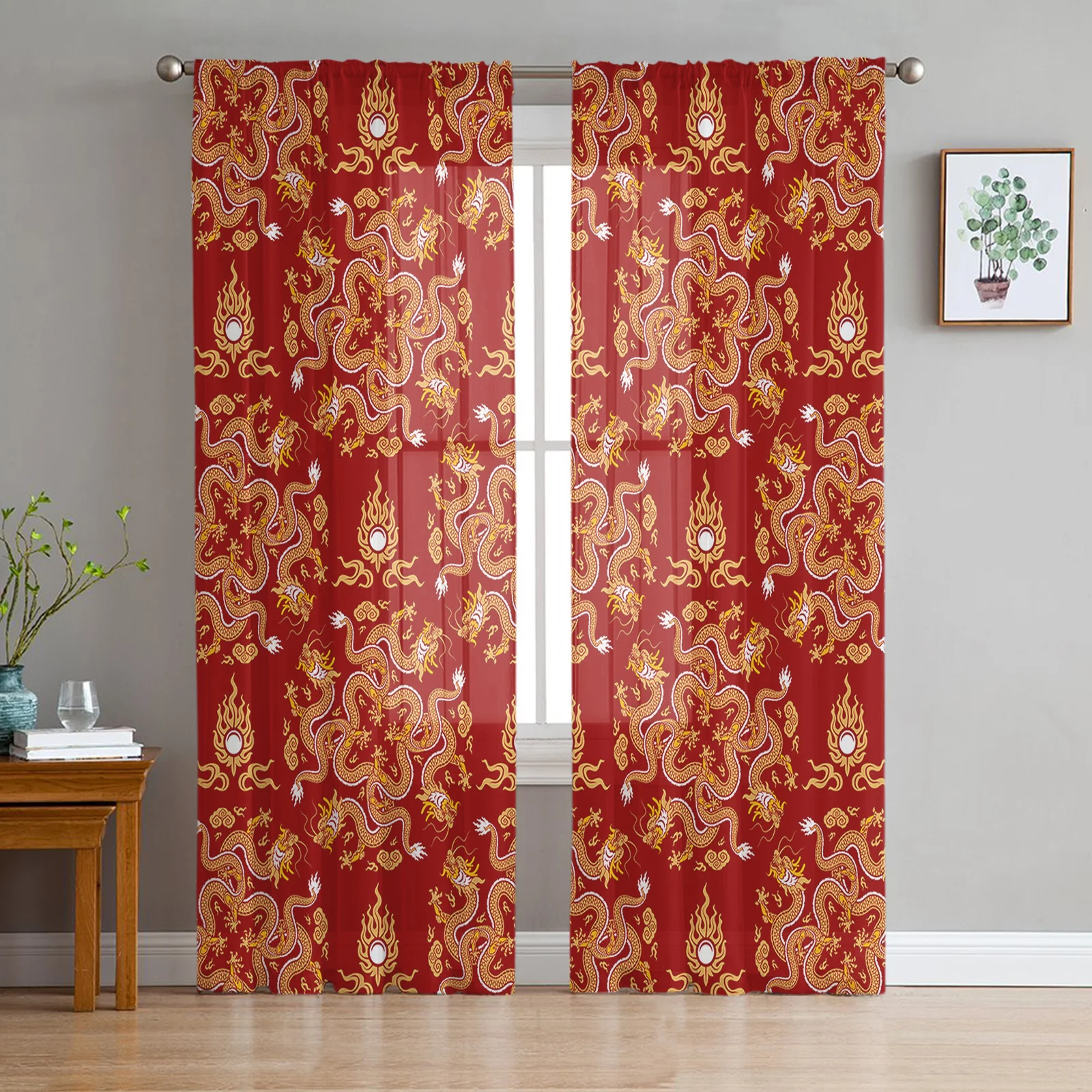 

Тюлевые занавески с драконом на красном фоне для гостиной, спальни, кухни, декоративные оконные занавески из тюля