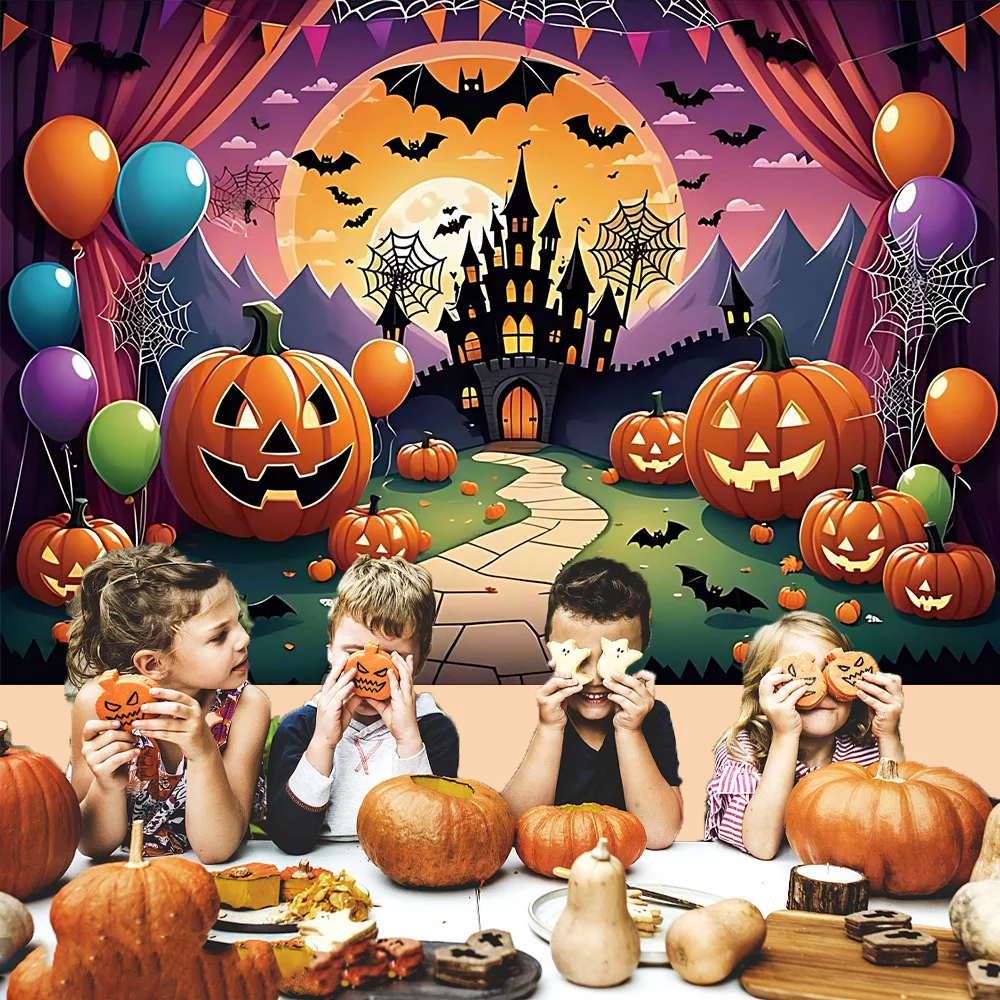 Фон на Хэллоуин воздушный шар Тыква фонарь замок летучая мышь Ночь Луна детский