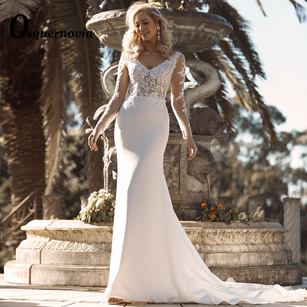 

Osquernovia Wedding Dresses Satin Mermaid V-neck Illusion Full Sleeves Backless Floral Print Zipper 2023 Vestido De Noiva