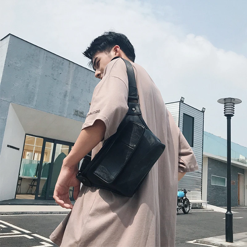 Small Shoulder Bags for Men Casual Single Strap Crossover Purse Solid Color Black Leather Chest Belt Purses Mens Bag Crossbody