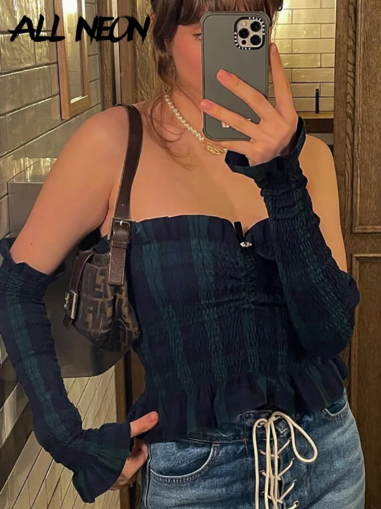 

ALLNeon Vintage Y2K Streetwear Pleated Ruffles Trim Tube Tops with Half Sleeve 90s Fashion Sexy Folds Off Shoulder Crop Top Blue