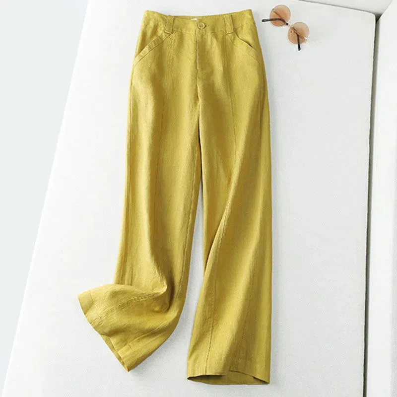 Solid Color Cotton Linen Pants Women Summer High Wiast Long Straight Legs Pants Female Formal Office Working Casual Trousers