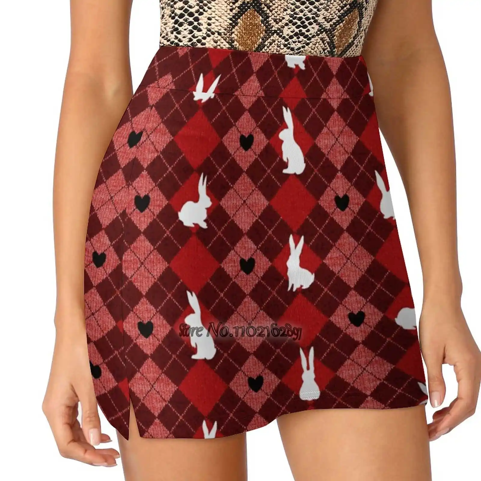 

Red Argyle White Bunny Love Trending Fashion Skirt Summer Printed Women Sport Skirts Double-Layer Athletic Red Argyle Rabbit