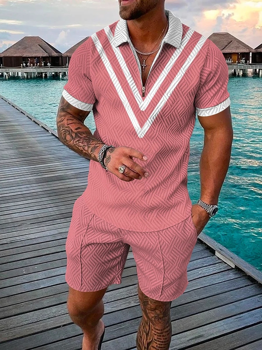 Men Summer Tracksuit V-Pattern Series Short Sleeve Zipper Polo Shirt&Shorts Sets For Men Casual High Quality Streetwear Suit