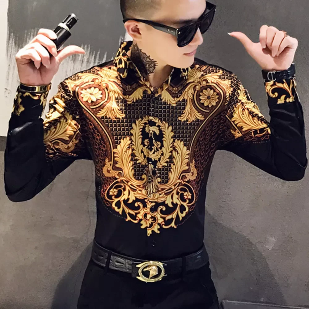 

Men Club Clothing Long Sleeve Slim Men's Baroque Banquet Shirt Luxury Black Gold Print Shirt Royal Men's Tuxedo Camisas Fashion