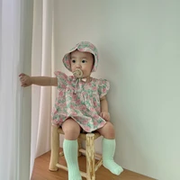 2022 summer new baby girl short sleeve bodysuit hat cute flower print infant girl jumpsuit toddler clothes baby outfits
