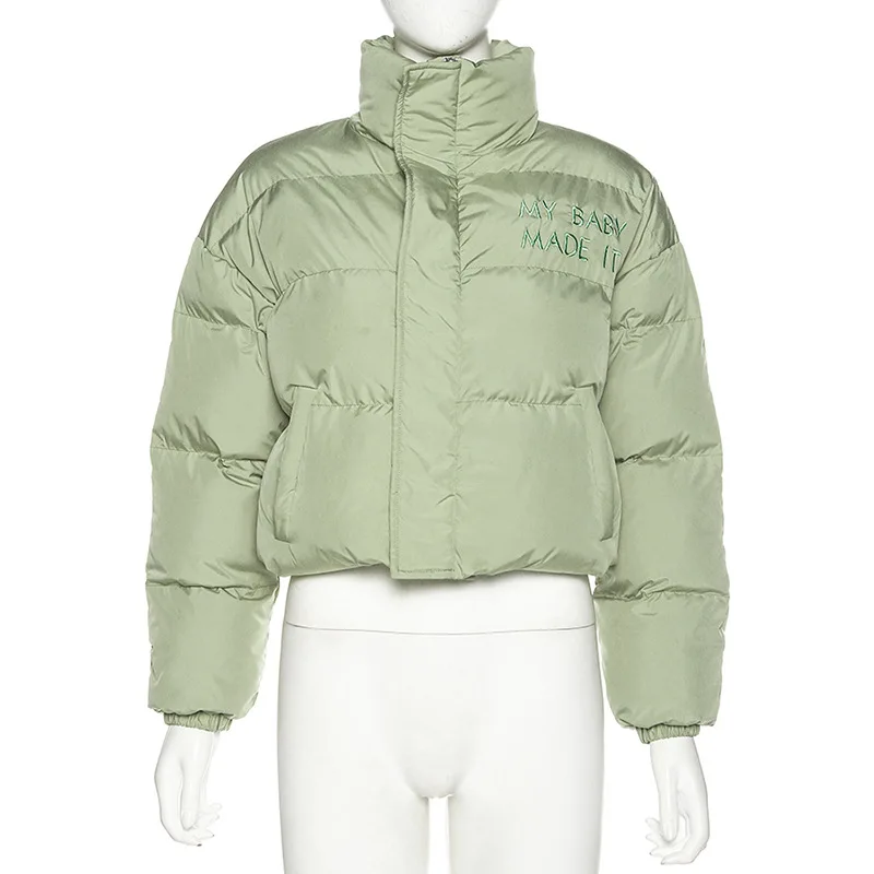 Street Style Winter 2021 Fashion Women's New Long-sleeved Cardigan Zipper Cropped Embroidered Warm Stand-up Collar Cotton Jacket