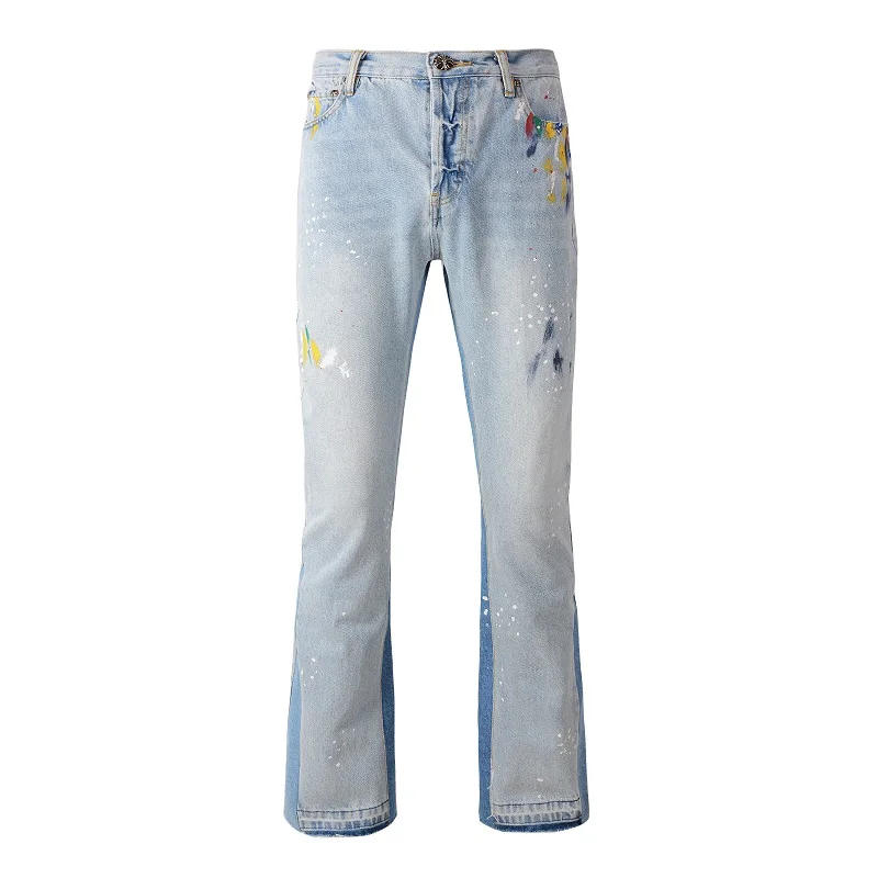 

New Arrivals High Street Men Light Blue Flared Painted Slim Stacked Raw Hem Boot Cut Graffiti Flare Jeans