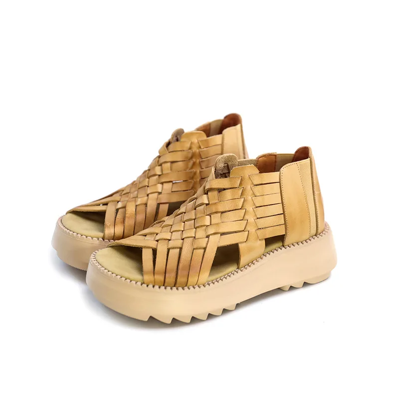 

Сандалии женские из натуральной кожи с открытым носком, босоножки из воловьей кожи на толстой подошве, римская обувь, плетеные туфли с открытым носком в ретро стиле