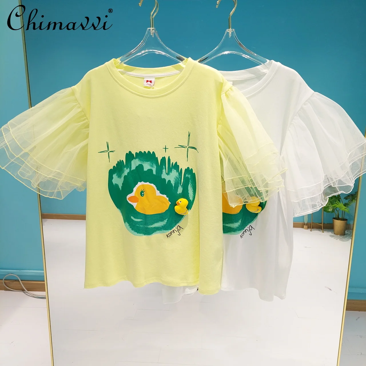 

New 2022 Korean Fashion Cute Younger Mesh Puff Sleeve Patchwork Round Neck Women's Top Printed Half Sleeve Casual T-shirt