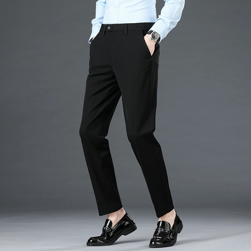 

Брюки мужские костюмные прямые мягкие, модные простые эластичные брендовые штаны в Корейском стиле, повседневные деловые, черные, серые, весна-осень