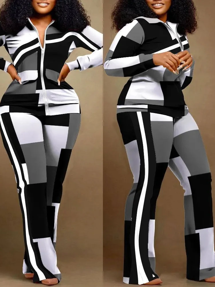 

Lady Printing Lapel Two Piece Set Women Full Sleeve Casual Sports Style Zipper Top Trousers Suits Female Spring Winter Fashion