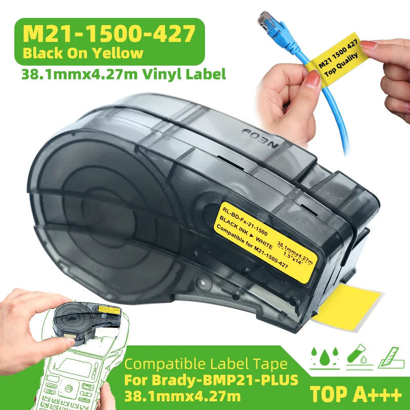 

10pcs Compatible For M21-1500-427 Vinyl Ribbon Label Tapes 38.1mm 4.27m Black on Yellow For Brady BMP21 PLUS