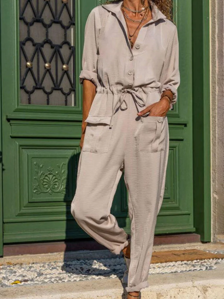 

Fashion Lapel Button Rompers Casual Long Sleeve Pocket Loose Playsuits Overalls Women Elegant Waist Drastring Shirts Jumpsuits