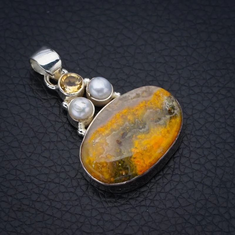 

StarGems Bumble Bee Jasper Citrine And River Pearl Handmade 925 Sterling Silver Pendant 1.5" F4503