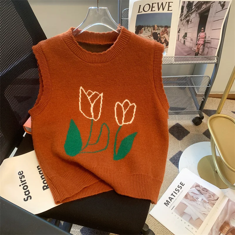 

Japanese Vintage Sweater Vest Women Design Flower Vest Sweater Tops Autumn O Neck Sleeveless Sweater Korean Style Clothes