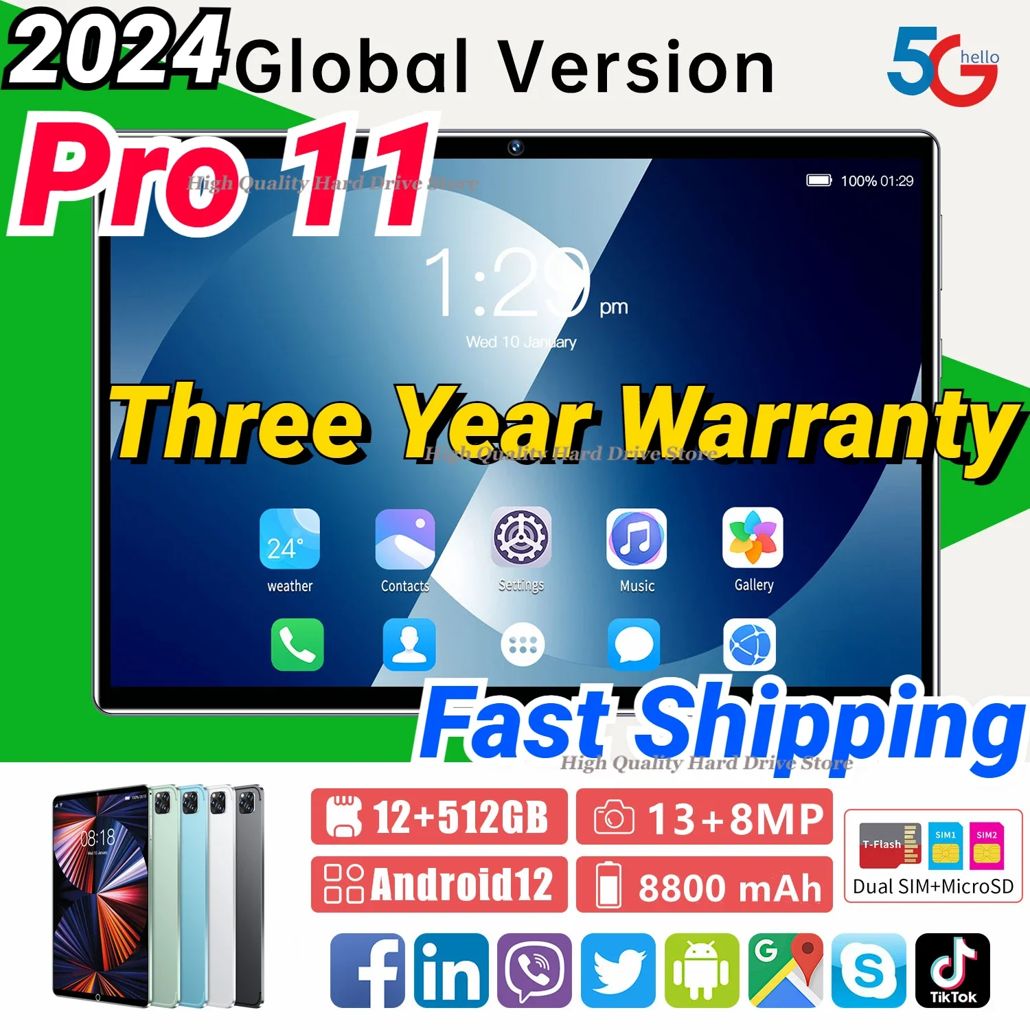 

2024 Global Version Tablet Android 12 12GB RAM 512GB ROM 11 Inch HD 4K Screen Tablet PC 5G WIFI Bluetooth tablet for Study work