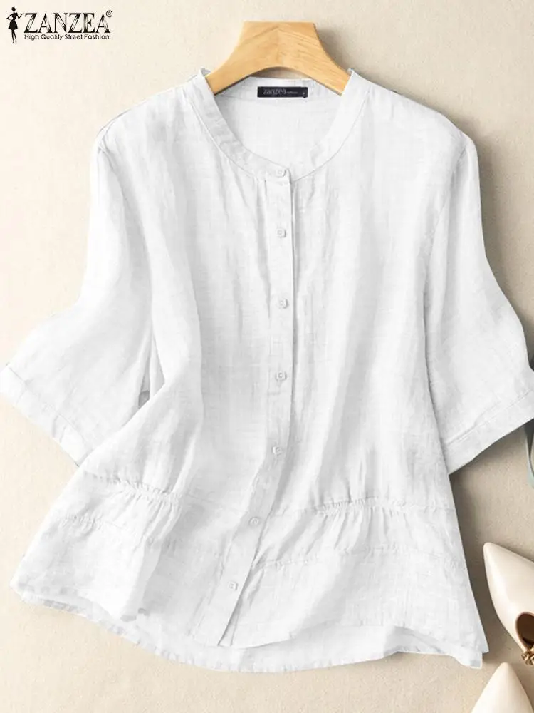 

ZANZEA Causal Short Sleeve Women's Blouse Summer Female Solid Color Shirt Fashion Work Chemise O-Neck Loose Tunic Tops Oversize