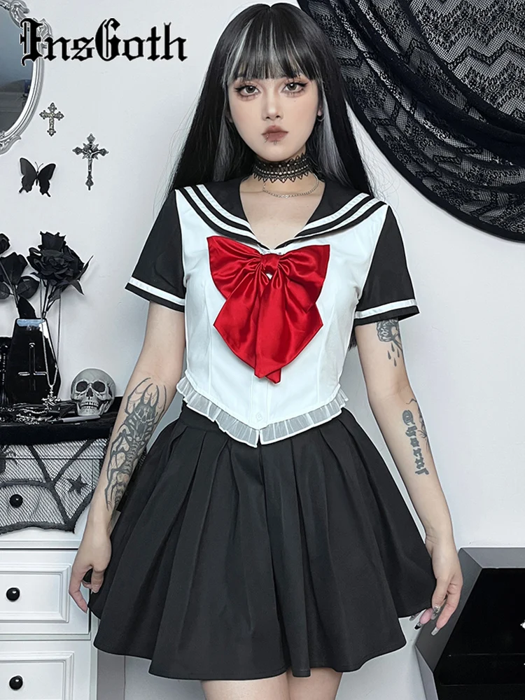 

InsGoth School Girl Cosplay Lingerie for Women Mini Sailor Outfit Costumes Pleated A-Line Elastic Waist Kawaii Cheer Skirt
