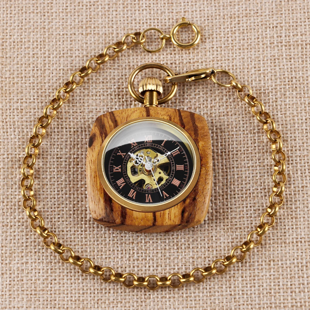 Personalized Creative Square Wood Pocket Watches Mechanical For Men Women Vintage Hand Wind Fob Watch 80cm Chain Art Collection