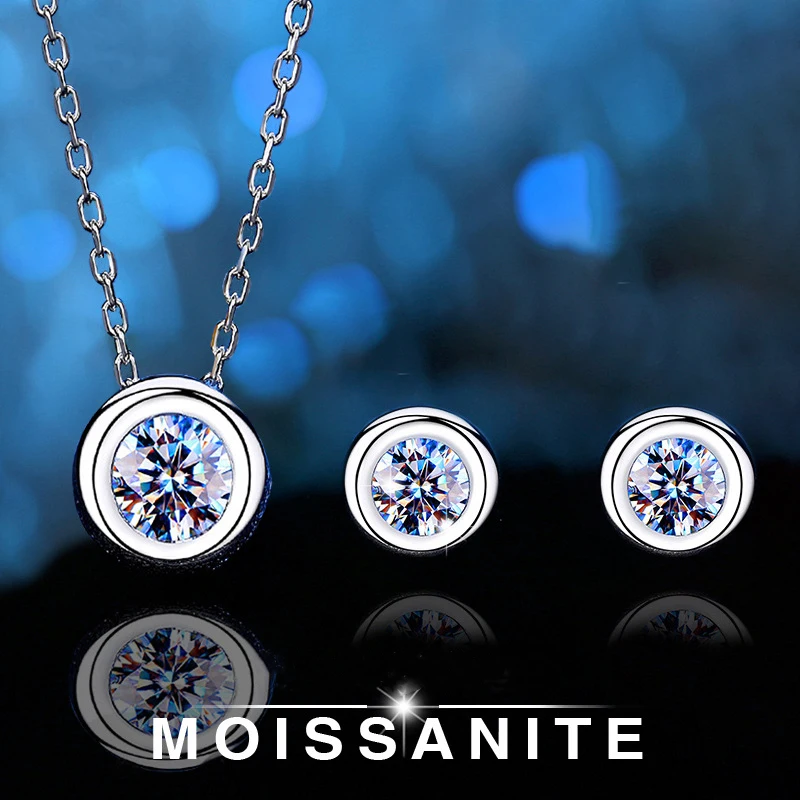 

1 Carat D Color Necklace Earrings Moissanite Diamond For Women Round Cut S925 Sterling Silver 18K White Gold Plated Jewelry Set