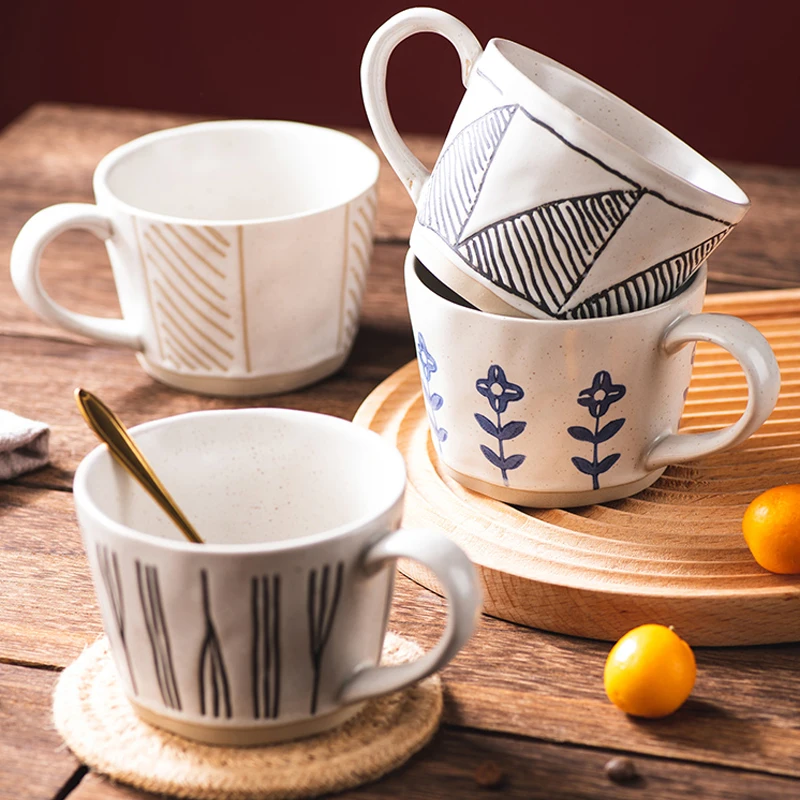 

Japanese Vintage Geometric Lines Coarse Pottery Mug Hand-painted Coffee Mugs Breakfast Oatmeal Milk Cup Home Unique Gift Office