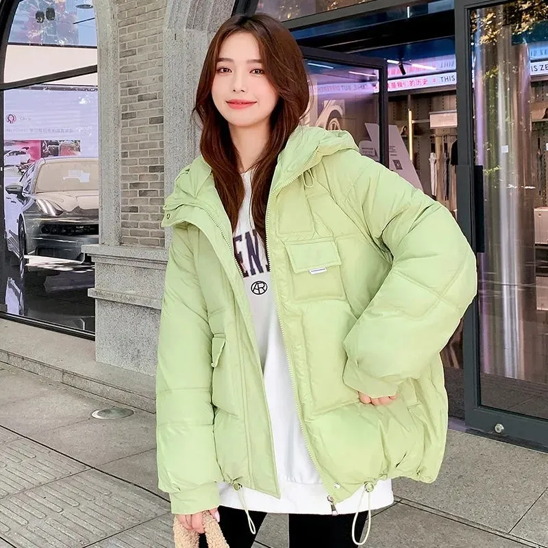 

2022 New Autumn Winter Thicken Warm Chic Parka Women Casual Sweety Solid Color Big Pocket Loose Hooded Coat Short Jacket Outwear