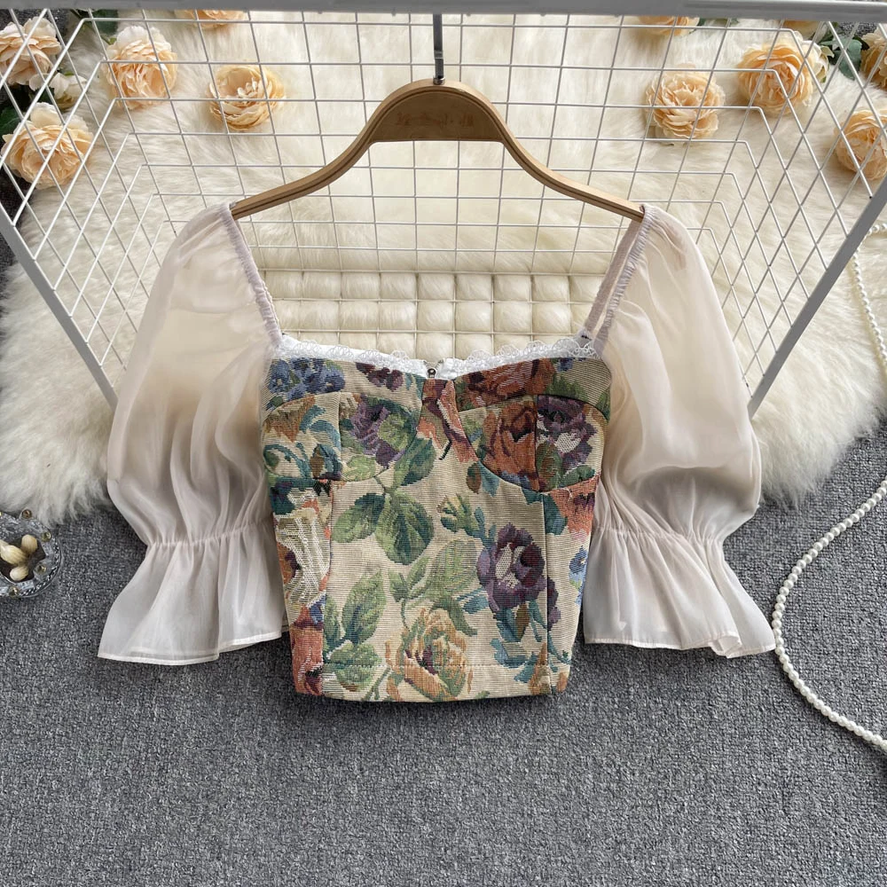 

Retro Square Collar Lace Puff Sleeve Shirt Women's Short Temperament Top Fashion High Waist Cropped Tops Back Zipper Shirts Lady