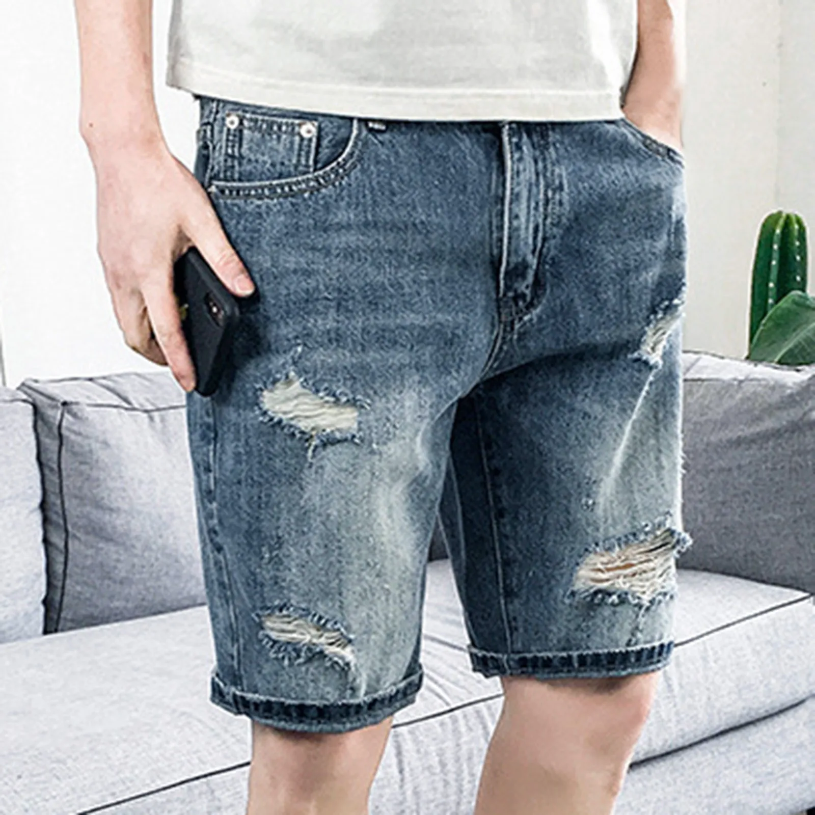 

Jeans Fit Stretch Men's Pants Denim Leg Holes Shorts Casual Slim Broken Straight Fashion Men's pants