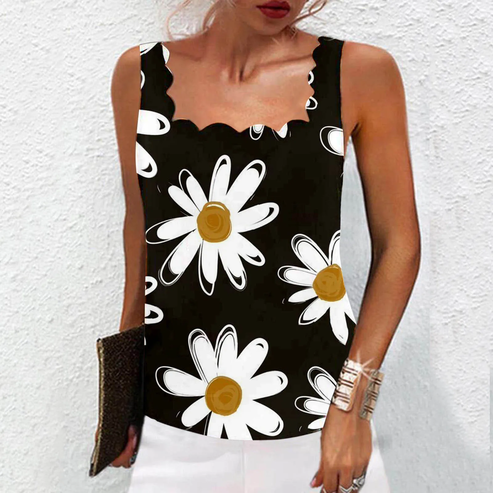 

Топ женский кружевной без рукавов, Повседневная Свободная майка с квадратным вырезом, с принтом маргариток, в Корейском стиле, винтажная Ми...