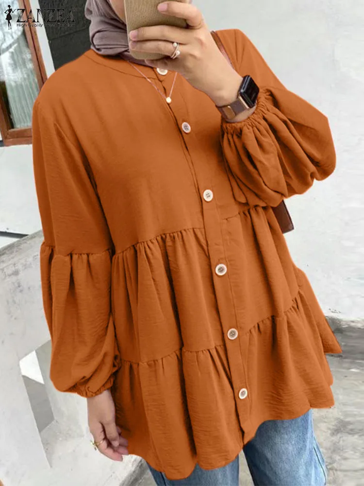 

Модель 2023 года, модная однотонная Туника ZANZEA, элегантная Турецкая мусульманская блузка, женская блузка с буффами на рукавах, блузка в стиле оверсайз