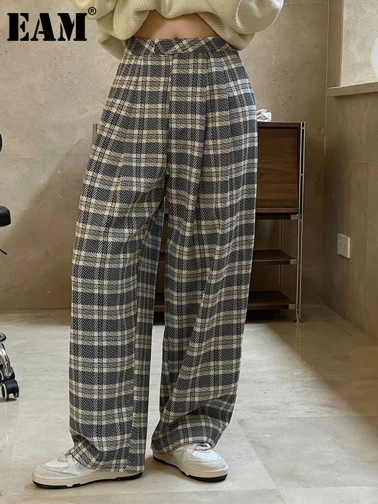 

[EAM] High Waist Black Vintage Plaid Long Wide Leg Casual Pants New Loose Fit Trousers Women Fashion Tide Spring Autumn 2023