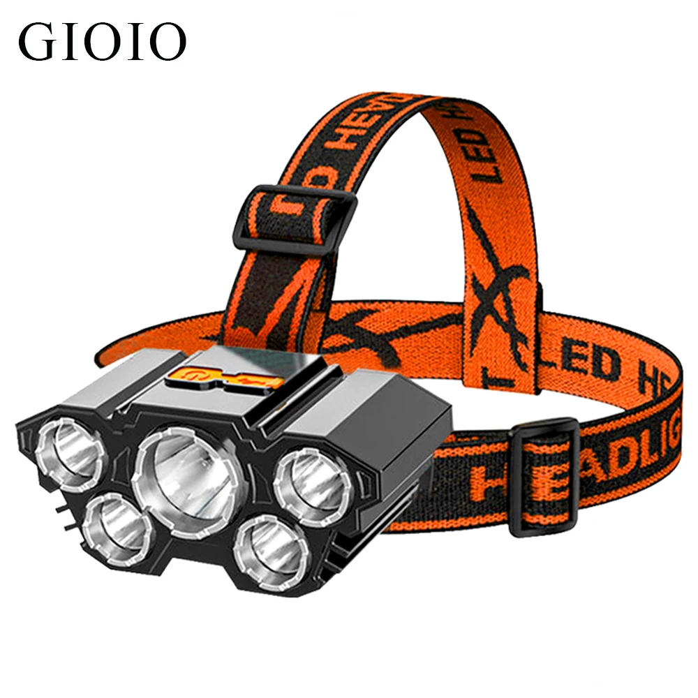 Usb Rechargeable Built-in Battery 5 Led Strong Headlamp Super Bright Head-Mounted Flashlight Outdoor Camping Fishing Head Light