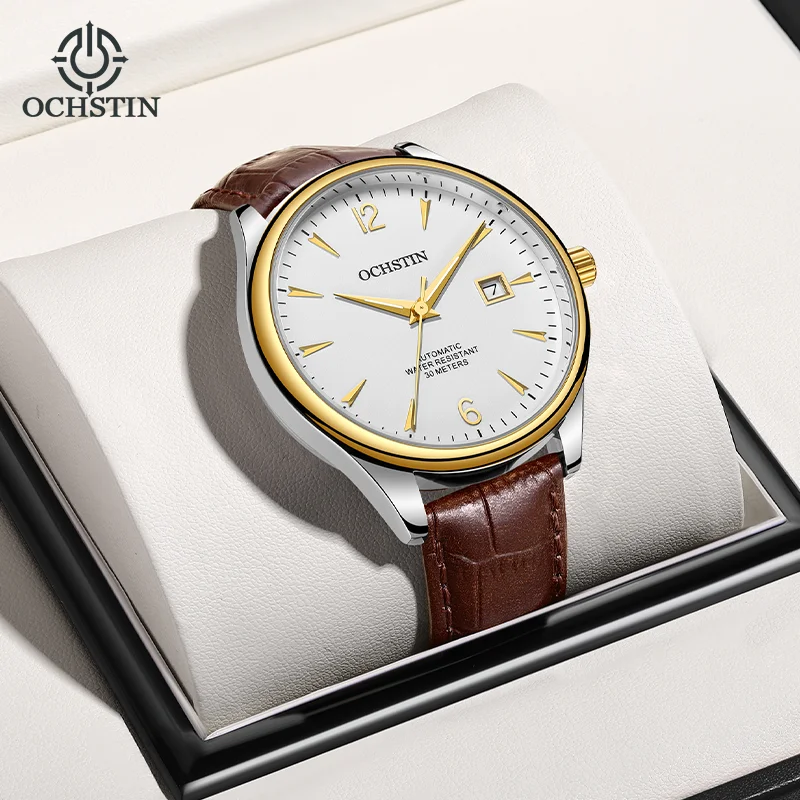 Фото Мужские классические автоматические механические часы OCHSTIN Master Series с автоподзаводом, прочным ремешком из натуральной кожи и светящимися стрелками. №1