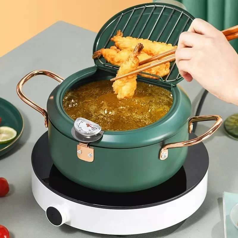 

Kitchen Deep Frying Pot Thermometre Tempura Fryer Pan Temperature Control Fried Chicken Pot Cooking Tools Green Stainless Steel