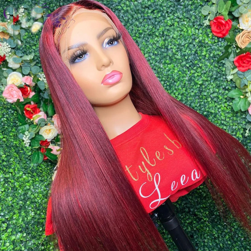 

26Inch 180%Density Burgundy Pre Plucked Brazilian Silky Straight Soft Lace Front Wig For Women With Baby Hair Daily Wigs