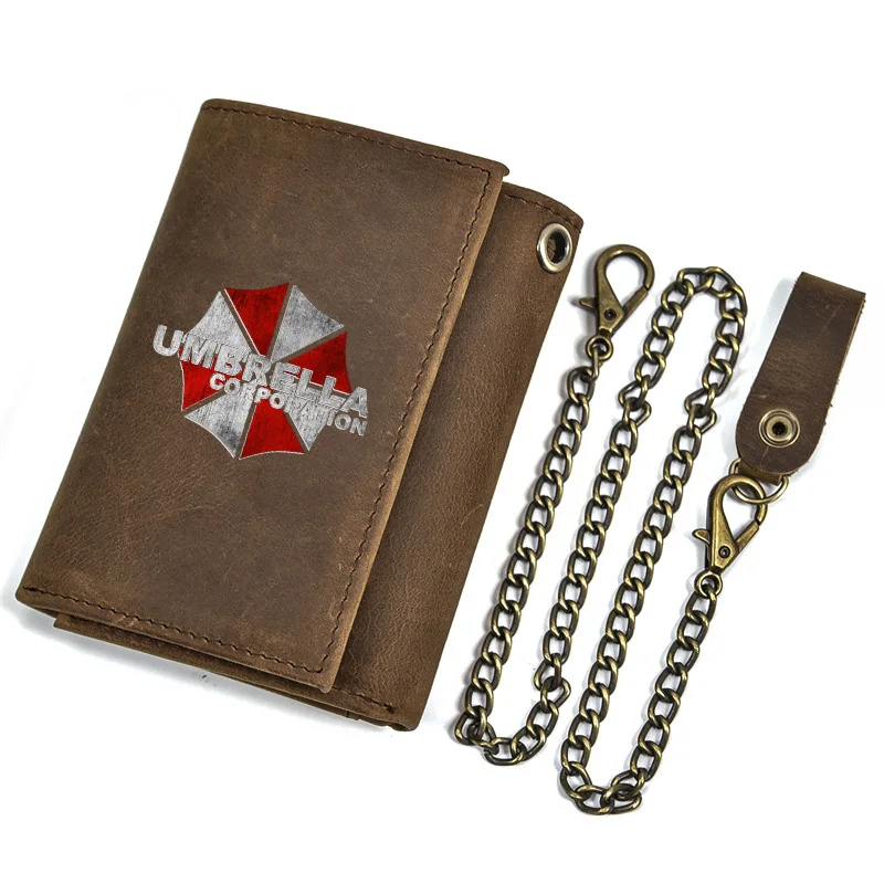 High Quality Men Genuine Leather Wallet Anti Theft Hasp With Iron Chain Umbrella Corporation Sign Cover Card Holder Short Purse