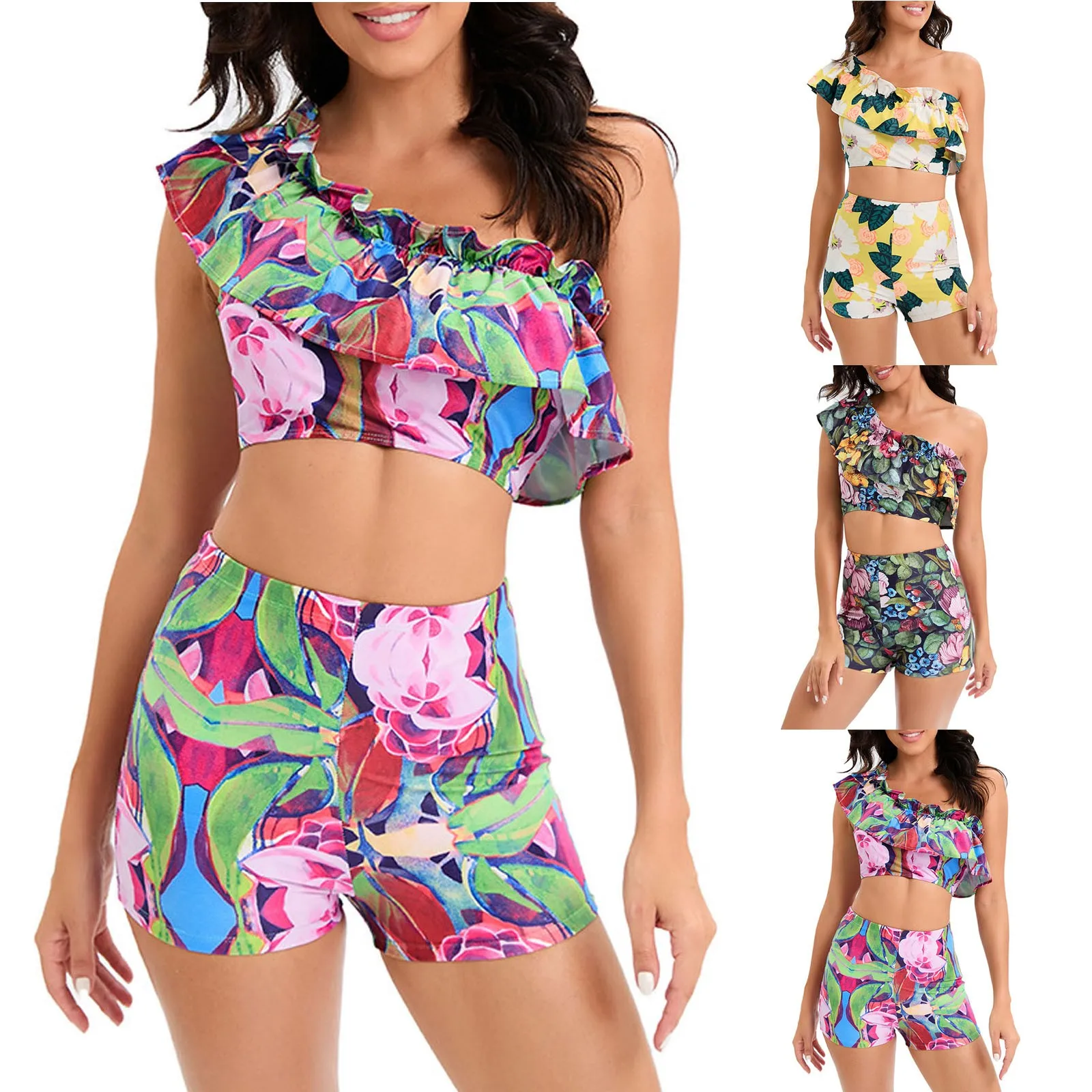 

High Waist Ruffled Sexy Bikini Set 2023 Peplum Swimwear Women Two Pieces Swimsuit Floral Beachwear Split Flat Angle Bathing Suit