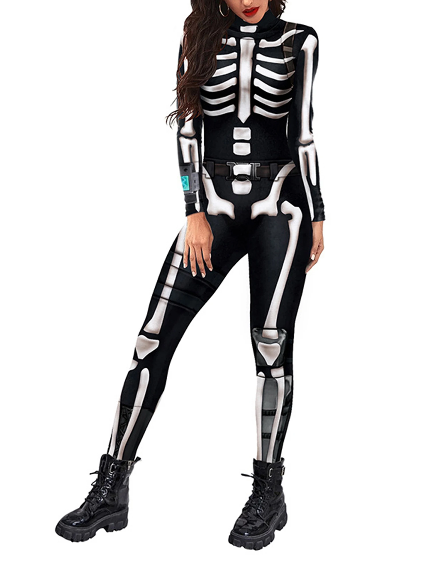 Женский костюм Черепа скелета Хэллоуина Комбинезон 3D стрейч боди облегающий