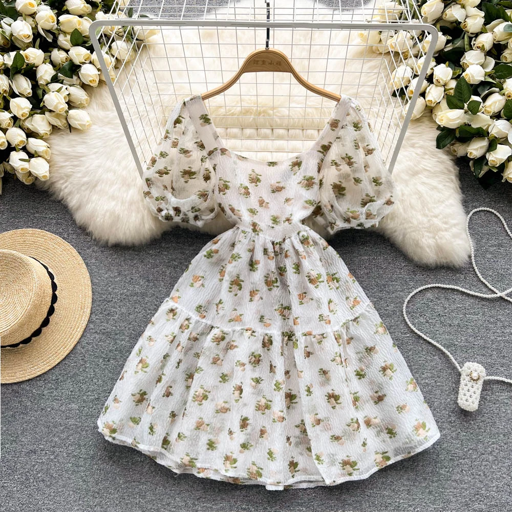 

Sweet Floral Print Short Dress Women's 2022 Summer New Square Neck Holiday Wear Slim Short Sleeve Casual Clothes Vestidos G577
