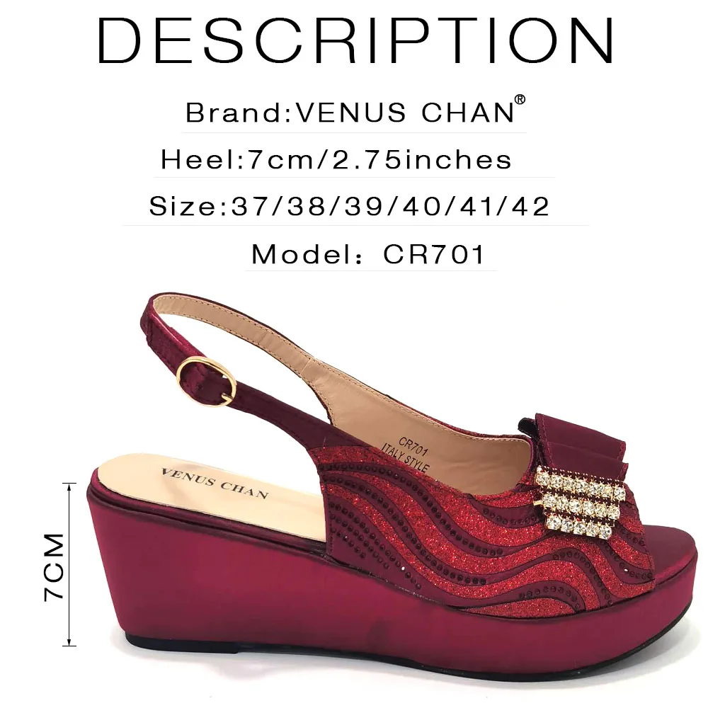 Venus Chan 2023 Elegant Chunky Wedges High Heels for Ladies Wine Color Rhinestone Striped Shiny PatchBag and Shoes Matching Set