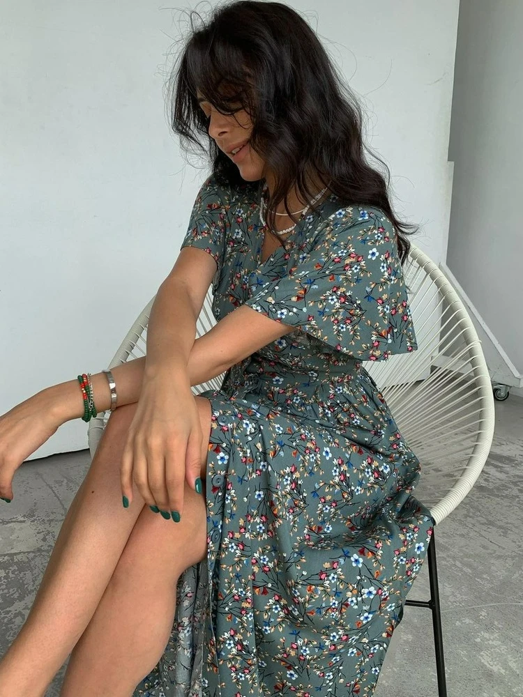 

Casual Midi Dress Summer Women Fashion Short Sleeve Floral Dresses 2022 New Female Sexy V-neck Slit Club Party Dress Outfits