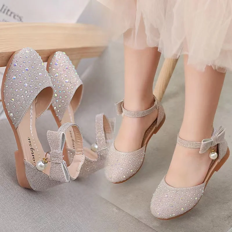 Congme 1-7 Yrs Fashion Girls Crystal Sandals Toddler Kids Princess Shoes Bow Flat Shoes Dress Shoes