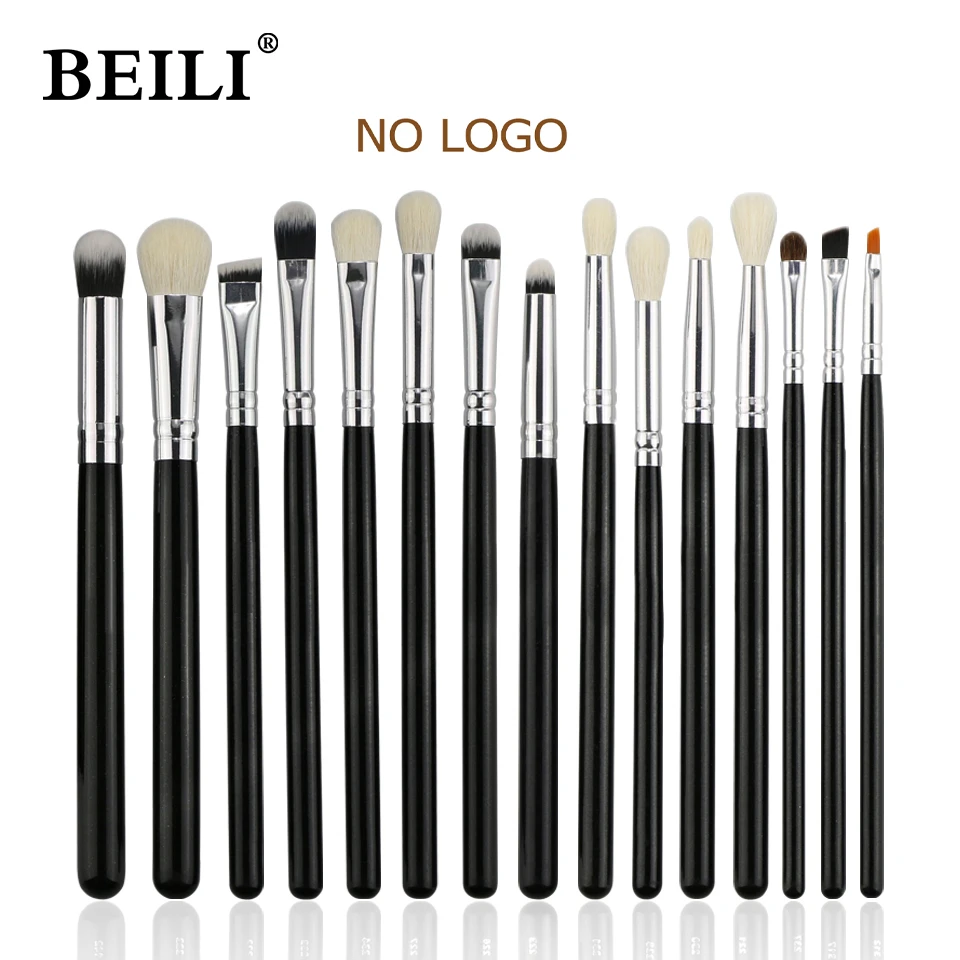 

BEILI Black 15Pcs no Logo Eye Makeup brush set Natural Goat Pony hair Eyeliner Eye shadow Blending Eyebrow Smokey shader brushes