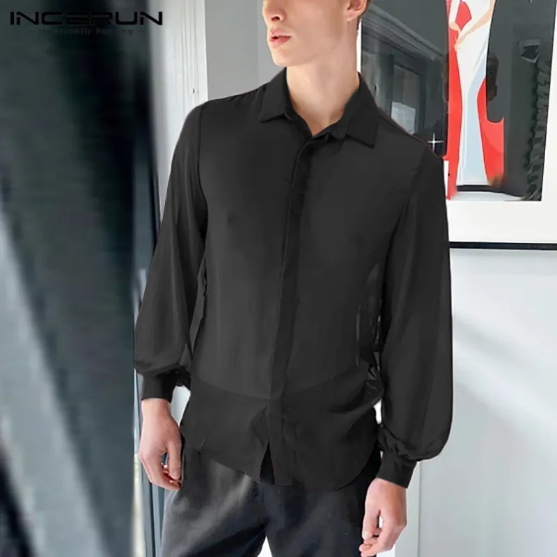 

Men Shirt See Through Solid Color Sexy Long Sleeve Thin Shirts 2023 Lapel Streetwear Nightclub Party Camisas S-5XL INCERUN