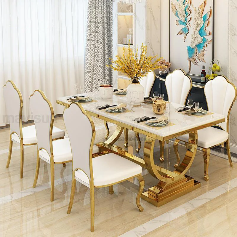 

Light Luxury Kitchen Table With Marble Rectangle Stable Gold Plated Stainless Steel Frame Hotel Dinner Dining Table And Chairs